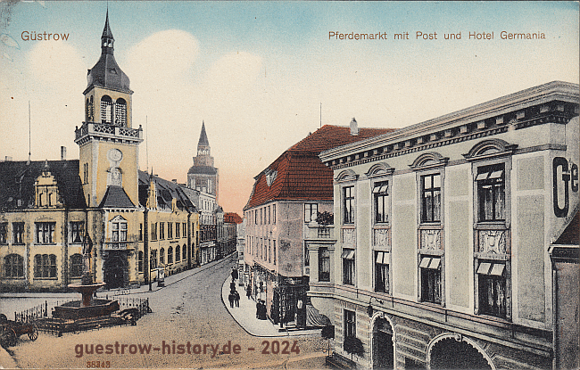 1915 - Güstrow - Pferdemarkt mit Post und Hotel Germania