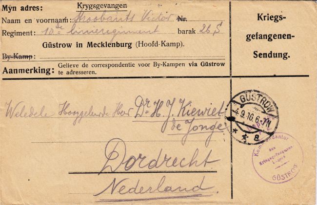 1916 - Kriegsgefangenlager Güstrow - Umschlag Gefangenesendung in die Niederlande